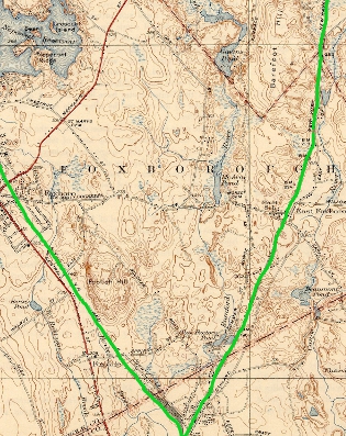 rail lines in Foxborough highlighted in lime green